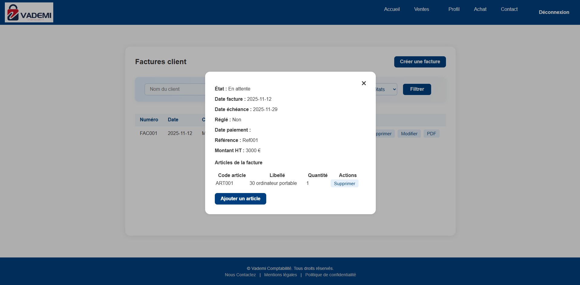 affichage des factures